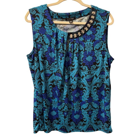 Roz & Ali Womens Sleeveless Top 1X Blue & Black Floral Design With Rhinestone Ac - Picture 1 of 12